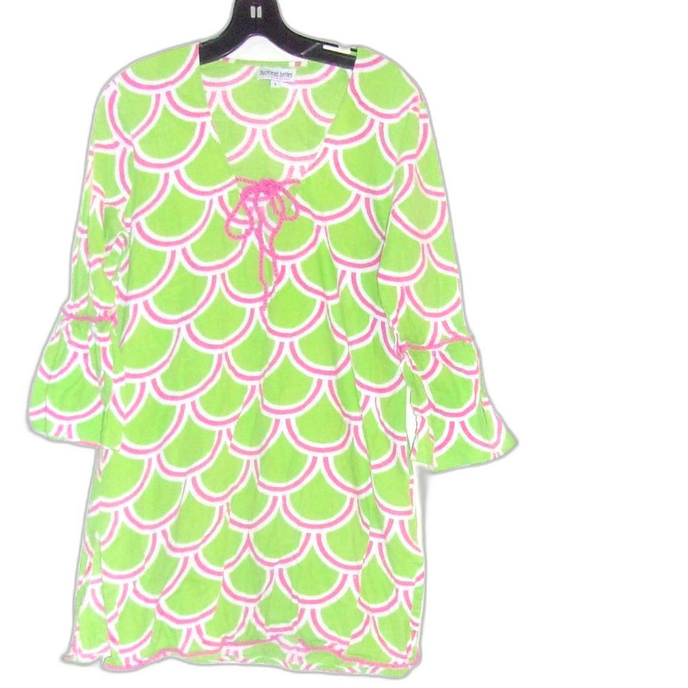 Buckhead Betties Cotton Shift Dress Pink Green Size S  Bell Sleeves  .75